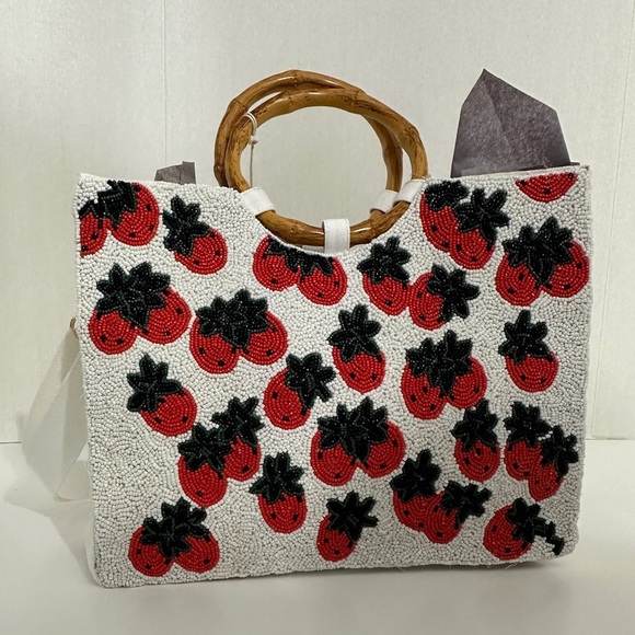 NWT Sol + Mer Strawberry Beaded Viral Purse Handbag w Bamboo Handles White Strap - Picture 8 of 15
